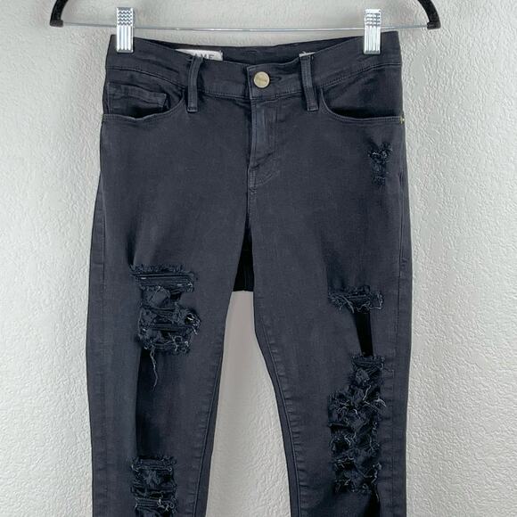 Frame Le Skinny de Jeanne Black Distressed Noir Low Rise Skinny Denim Jeans 24 - Picture 6 of 16